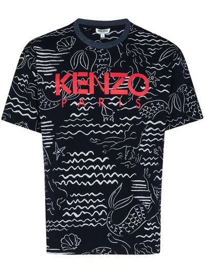 Kenzo Men's Mermaid Printed Logo T-shirt In Midnight Blue