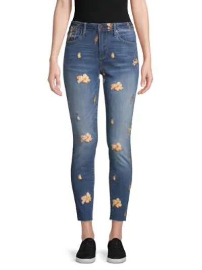 Driftwood Floral Embroidered Jeans In Dark Wash