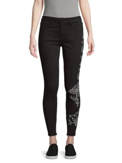 Driftwood Embroidered Floral Skinny Jeans In Black