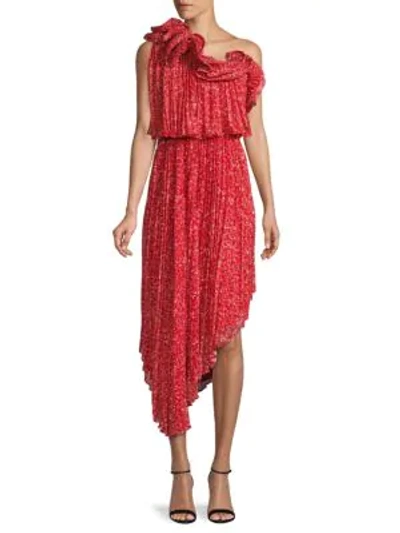 Amur Floral-print One-shoulder Asymmetrical Blouson Dress In Red
