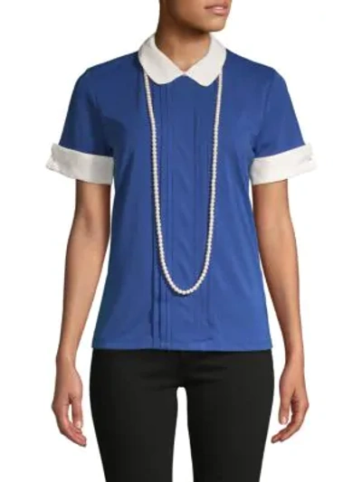 Karl Lagerfeld Pleated Peter Pan Collar Top In Blue Quartz