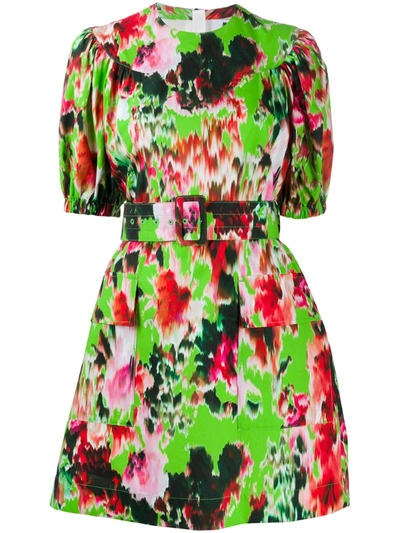 Msgm Women's Belted Floral Cotton Puff-sleeve Dress In Green