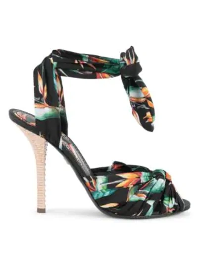 Dolce & Gabbana Floral Silk & Raffia Ankle-bow Sandals In Strelitzia