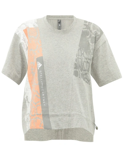 Adidas By Stella Mccartney Cropped Snake-print Cotton-jersey T-shirt In Mgreyh