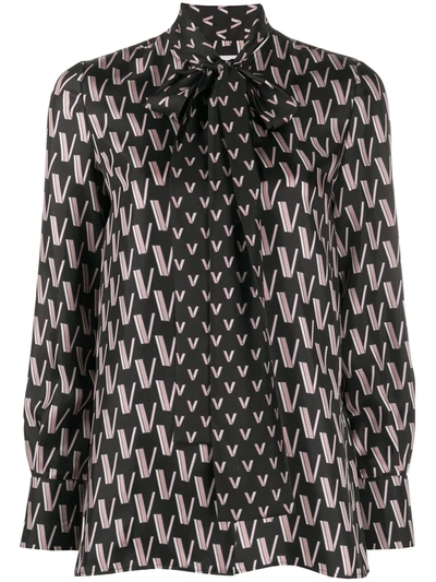 Valentino Tie-neck V-jacquard Silk Blouse In Black