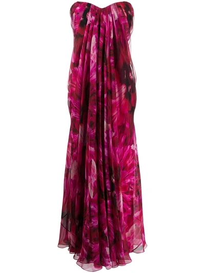 Alexander Mcqueen Strapless Pleated Floral-print Silk-crepe De Chine Gown In Rosa