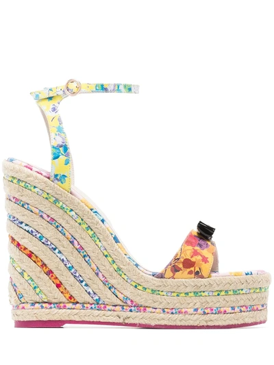 Sophia Webster Laurellie Bow-embellished Floral-print Leather Espadrille Wedge Sandals In Pink