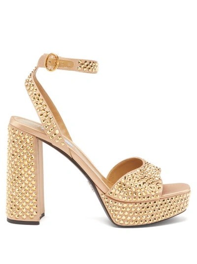 Prada 115 Crystal-embellished Satin Platform Sandals In Beige/gold