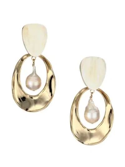 Akola 14mm Pearl & Horn Open-hoop Dangling Clip-on Earrings In Gold