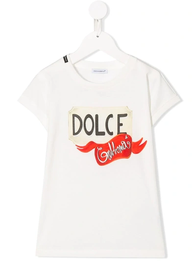 Dolce & Gabbana Kids' Ivory T-shirt For Girl With Black And White Logo