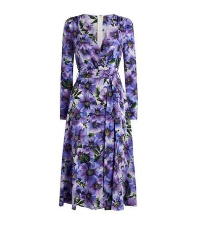 Dolce & Gabbana Floral Print Belted Dress In Purple/multicolor
