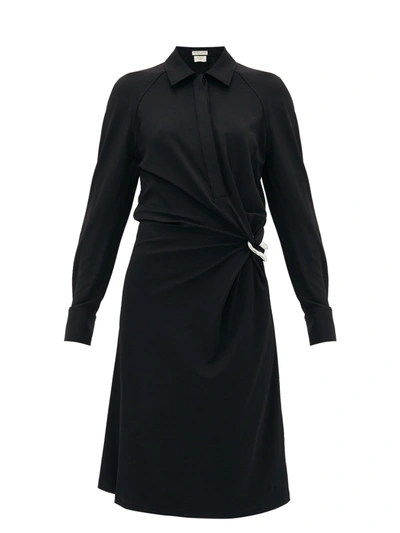 Bottega Veneta Gathered Long Sleeve Jersey Polo Midi Dress In Black