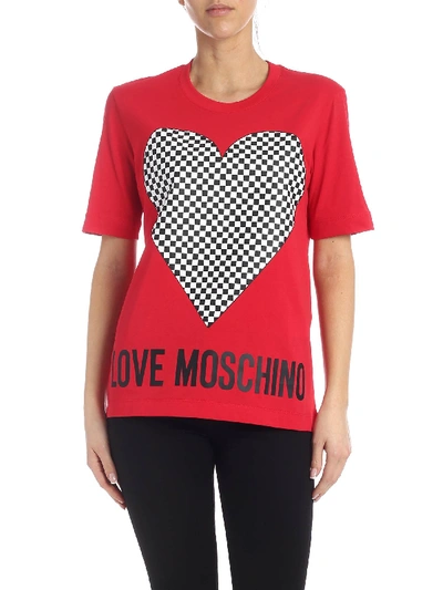 Love Moschino Short-sleeved T-shirt With Micro Checkered Heart In Red