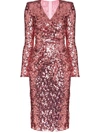Dolce & Gabbana Long-sleeve Sequined V-neck Cocktail Dress In Pink
