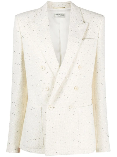 Saint Laurent Double-breasted Sequined Blazer In White