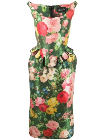 Richard Quinn Floral Print Peplum Midi Dress In Green