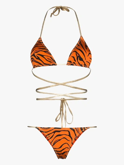 Reina Olga Hawn Tiger Stripe Wrap Bikini Set In Orange