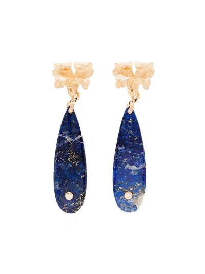 Apples & Figs Blossoms 24k Yellow Gold-plated Lapis Lazuli Drop Earrings In Blue