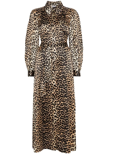 Ganni Leopard Print Maxi Silk Shirt Dress In Brown