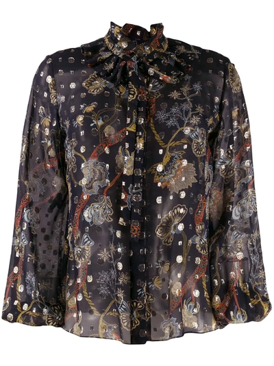 Chloé Floral-print Sheer Blouse In Blue
