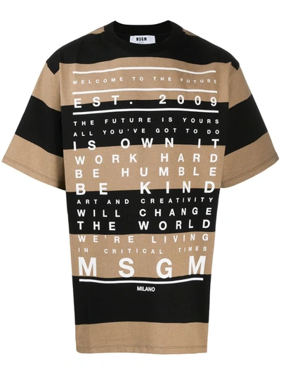 Msgm Striped Typography-print T-shirt In Brown
