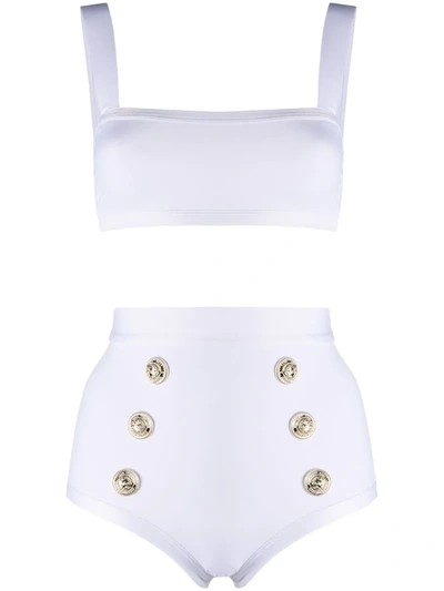 Balmain High-waist Buttoned Bikini Set In White