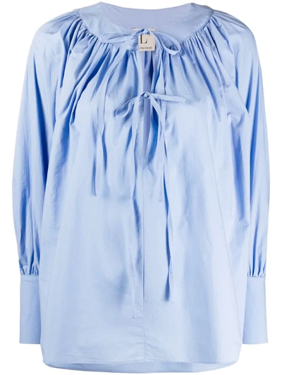 L'autre Chose Front Tie Poplin Blouse In Blue