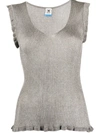 M Missoni Ribbed Ruffle Trim Top In Silver