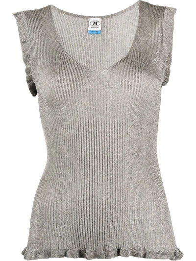 M Missoni Ribbed Ruffle Trim Top In Silver