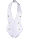 Balmain Button Detailed Swimsuit In White