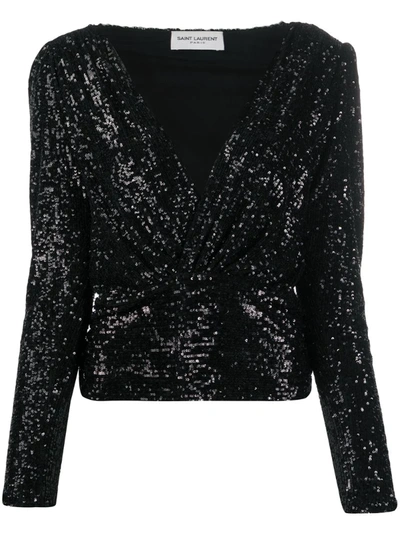Saint Laurent Crossover Front Sequinned Blouse In Black