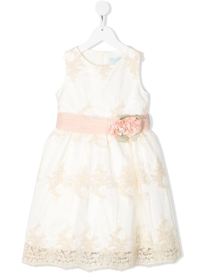 Abel & Lula Kids' Sleeveless Floral Print Brooch Dress In Neutrals