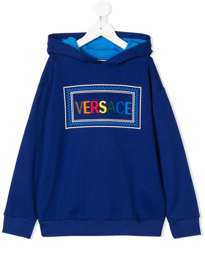 Young Versace Kids' Logo-embroidered Hooded Sweatshirt In Blue