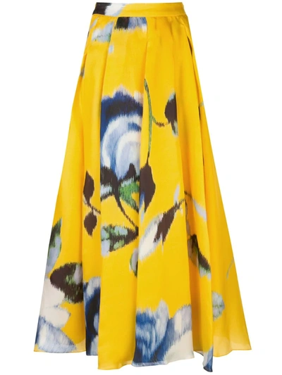 Carolina Herrera Pleated Floral-print Silk-organza Maxi Skirt In Yellow