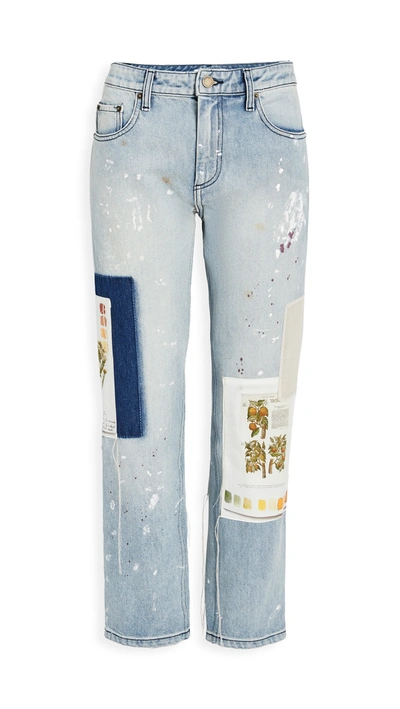 Monse Botanical Patch Paint-splatter Straight-leg Jeans In Indigo