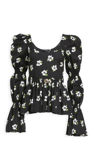 Caroline Constas Raine Belted Puff-sleeve Top In Black/white