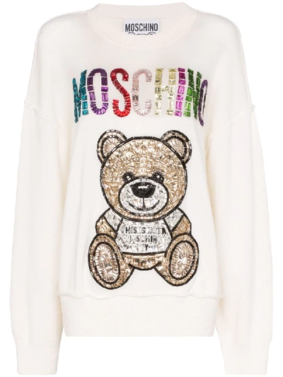 Moschino Jewelled Teddy Logo Sweatshirt In White