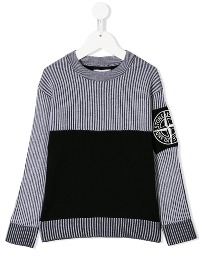Stone Island Kids' Two-tone Ribbed Jumper In Black