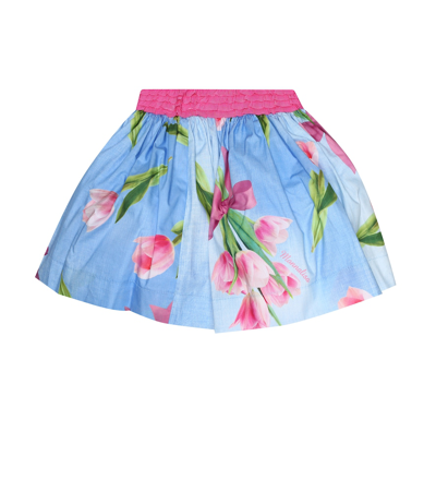 Monnalisa Kids' Tulips Print Popeline Skirt In Denim + Candy