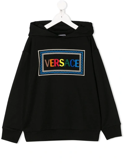 Young Versace Kids' Logo-embroidered Hooded Sweatshirt In Black