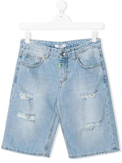 Msgm Teen Distressed Denim Shorts In Blue