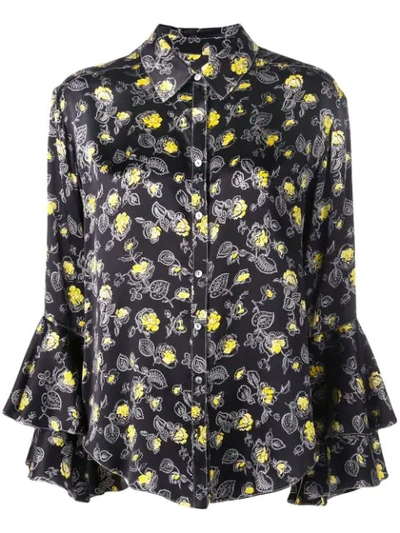 Cinq À Sept Kirby Floral-print Silk Ruffle-sleeve Button-down Top In Black/multi