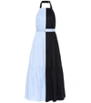 Tibi Two-tone Coated Cotton-poplin Halterneck Midi Dress In Navy Multi