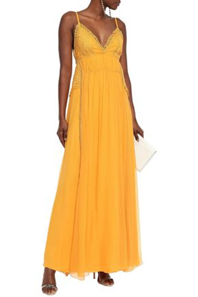 Alberta Ferretti Crochet-trimmed Silk-georgette Maxi Dress In Gold