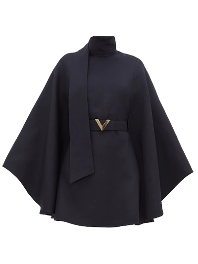 Valentino Belted Cape-sleeve Wool-blend Mini Dress In Navy