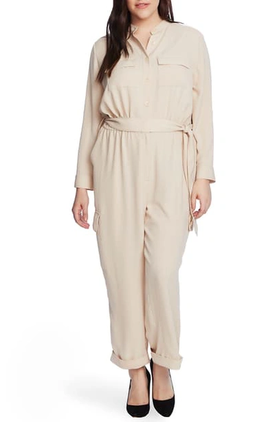 Vince Camuto Roll Tab Rumpled Twill Cargo Jumpsuit In Lt Stone