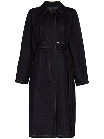 Moncler Pistache Long Denim Trench Coat In Blue | ModeSens