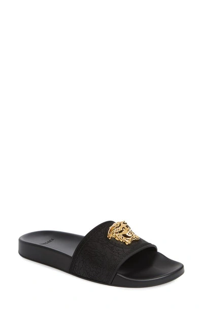 Versace Palazzo Medusa Slide Sandal In Black/ Warm Gold