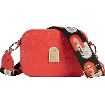 Furla Sleek Mini Camera Case In Textured Leather In Fuoco H (red) + Toni Nero (black)