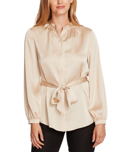 Vince Camuto Charmeuse Button-down Belted Tunic Top In Light Stone